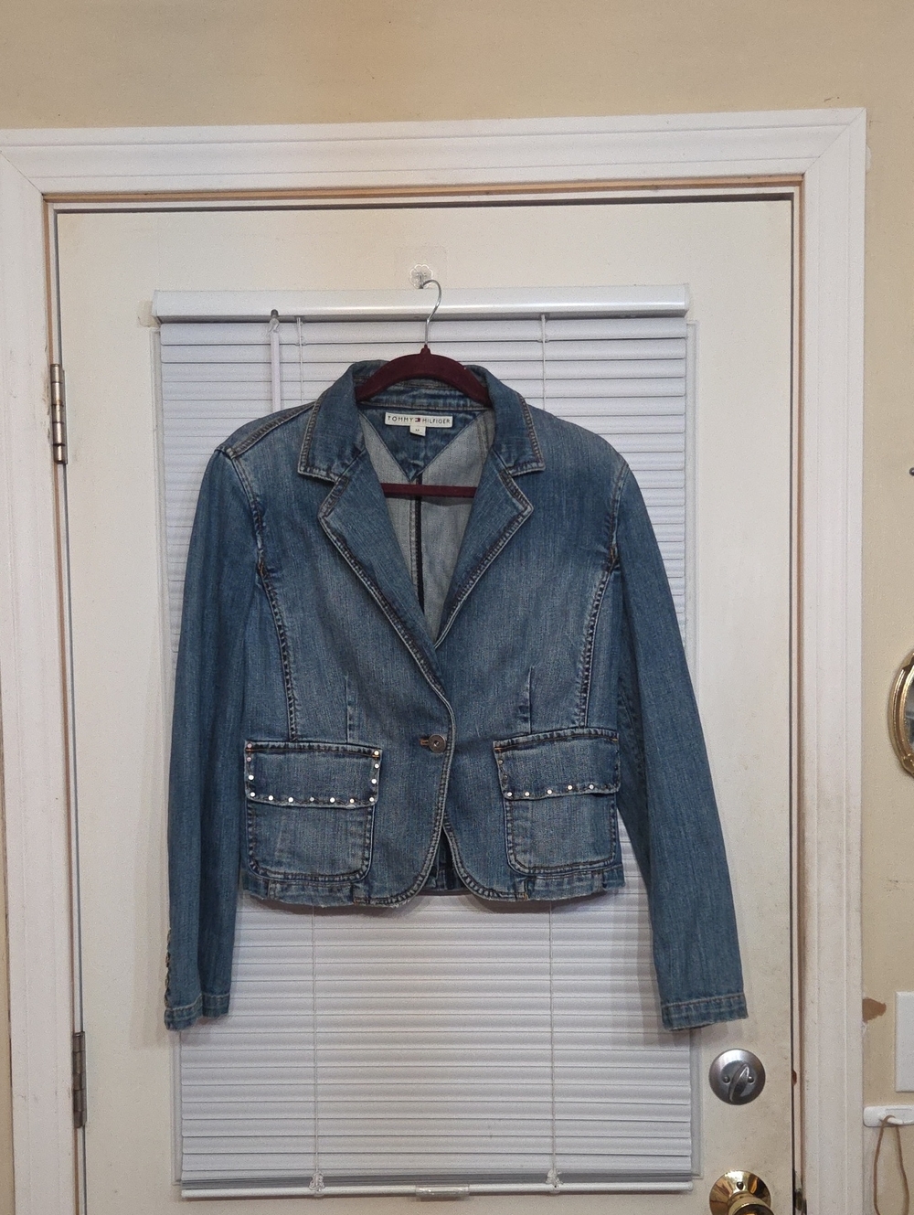 Tommy Hilfiger Medium Blue Stud-Trim Denim Blazer Jacket